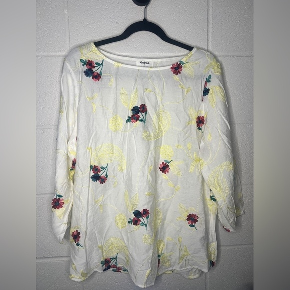 Kindred Tops - Anthropologie Kindred Woven PEASANT Blouse Boho TOP Tunic XL Embroidered